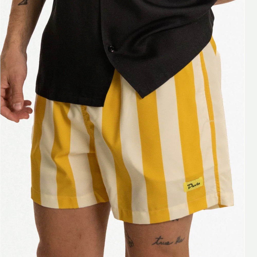Yellow and White Striped Men Swim Shorts